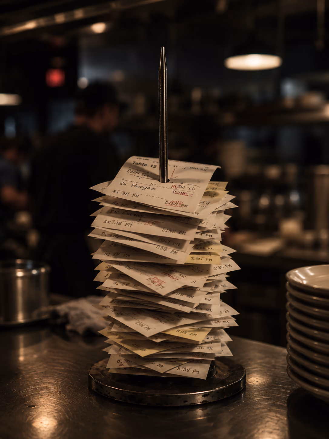 A tall stack of restaurant order tickets on a metal spindle in a kitchen.